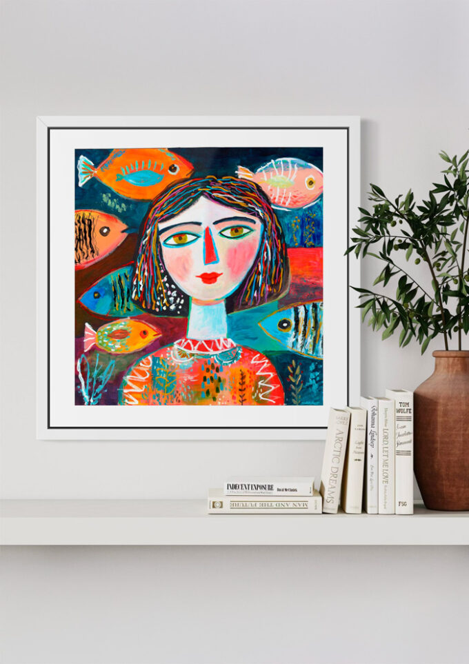 Muller con peixes III Acrílico sobre cartulina